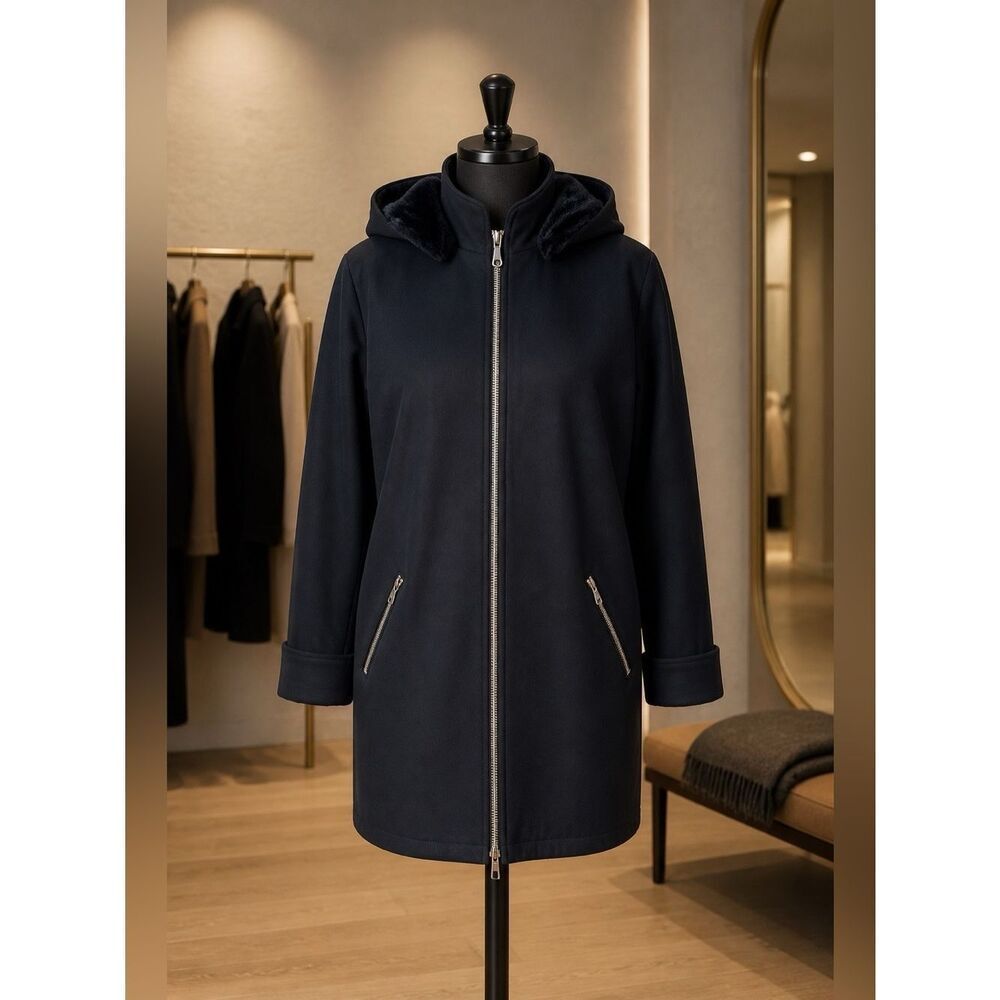 BLACK HERMAN KAY CAR COAT HOOD w FAUX FUR SIZE 8